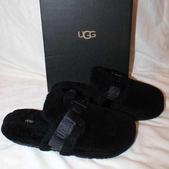 NIB UGG MEN'S FLUFF IT SHEARLING SLIP ON SLIPPERS BLACK - Picture 1 of 6